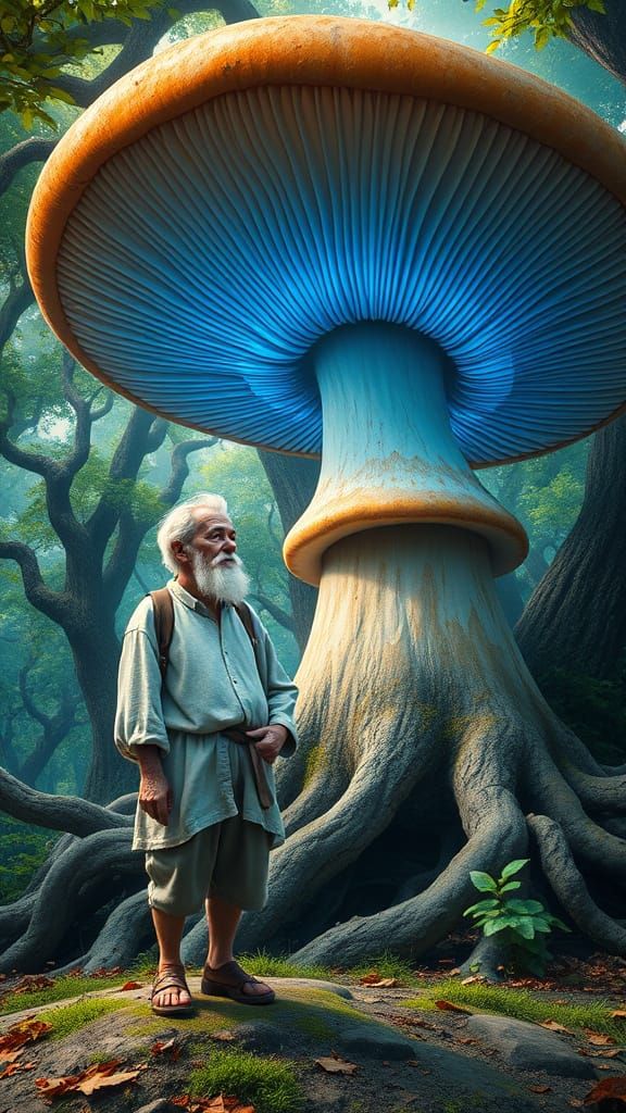 Whimsical Elder Beside a Majestic Blue Mushroom in a Dreamli...