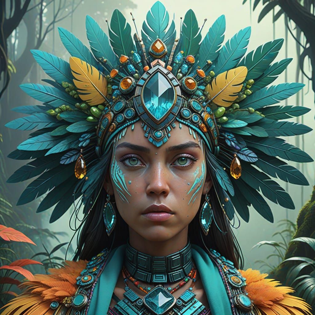 Amazonian Gemstone Warrior in Vibrant Jungle Environment