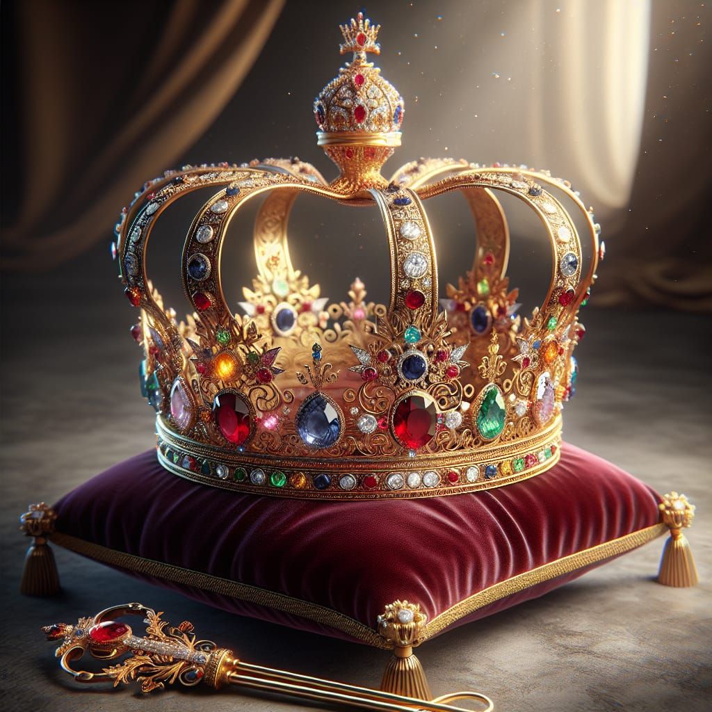 Regal Golden Crown on Velvet Pillow