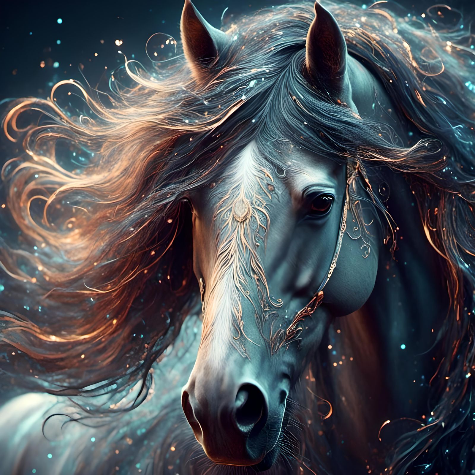 Horse with Long Mane and Surreal Filigree