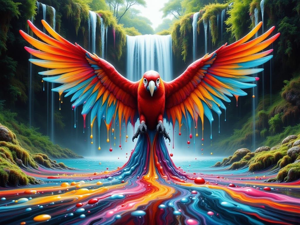 Vibrant Scarlet Macaw Emerges from Tropical Rainforest Pool