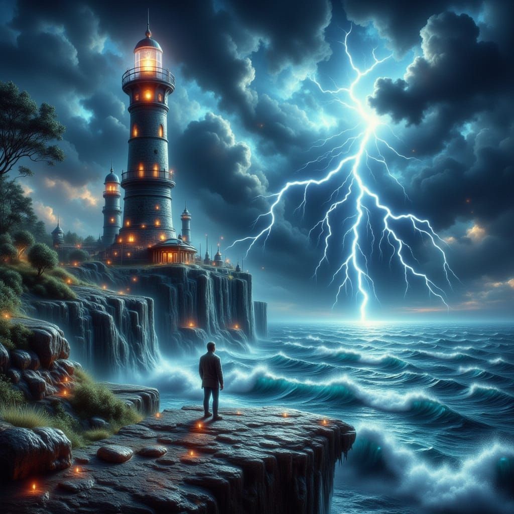 <lora:FiosZodiacSigns1:1.0> <lora:GazOilpaint:1.0> A solitary lighthouse keeper stands on a crumbling cliffside, gazing ...