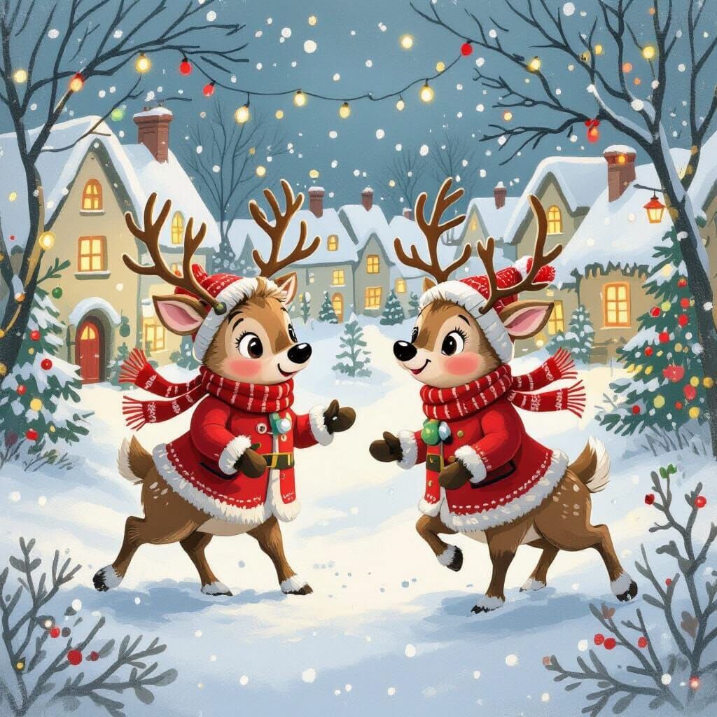 Festive Reindeer Frolic in Snowy Christmas Village
