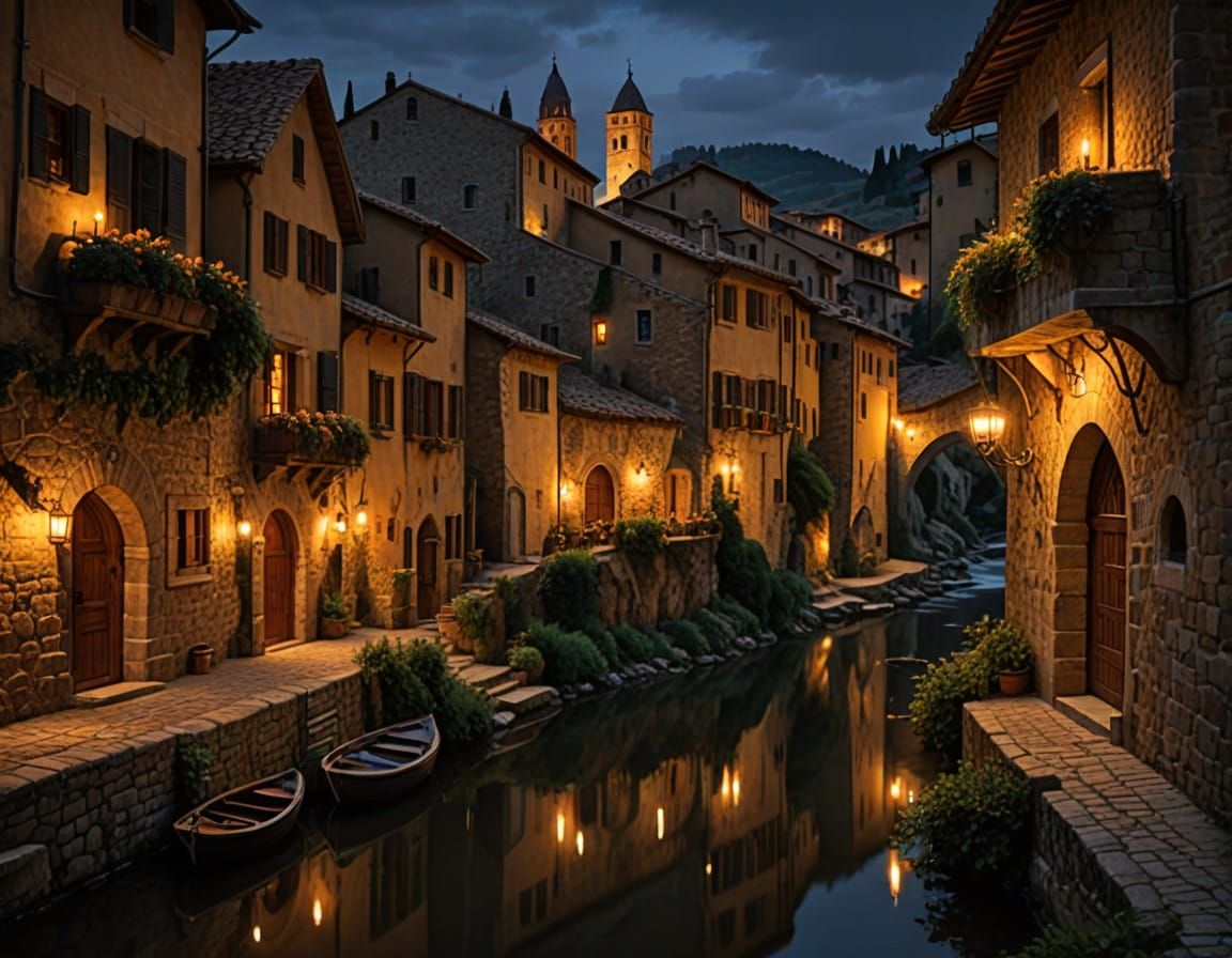 Surreal Tuscan Village Enveloped in Midnight Serenity