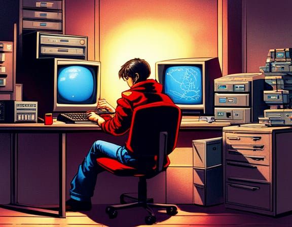 Hacker Coding on Z80 Computer in Cyberpunk Style