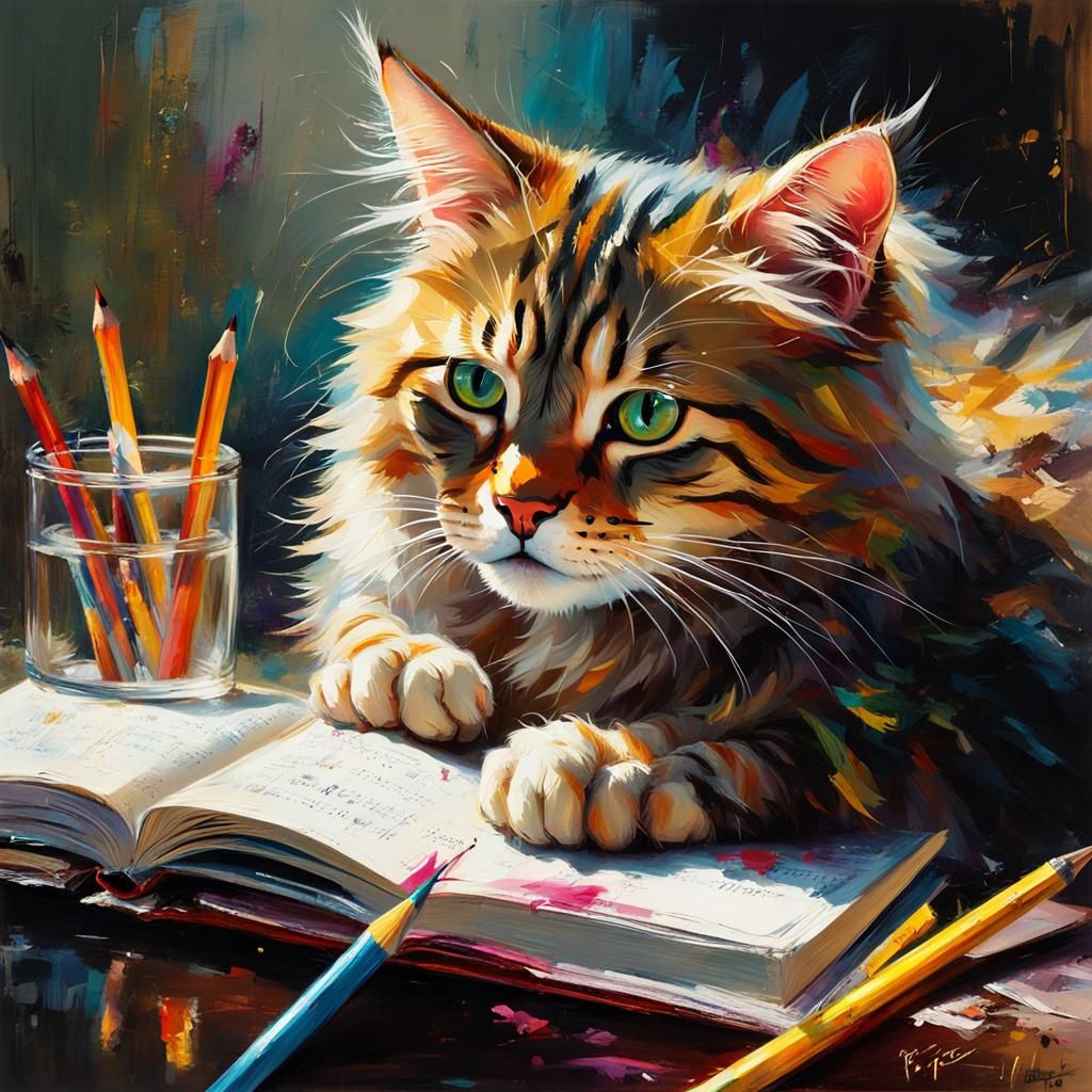 Cute Cat Writes a Book: Detailed Matte Painting