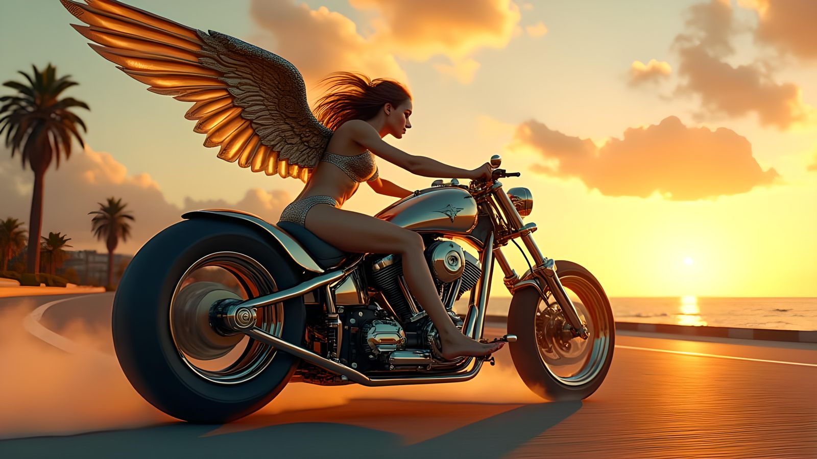 Ultra realistic and detailed picture of a gorgeous women angel riding a racing bike on a road near a beach with sunset i...