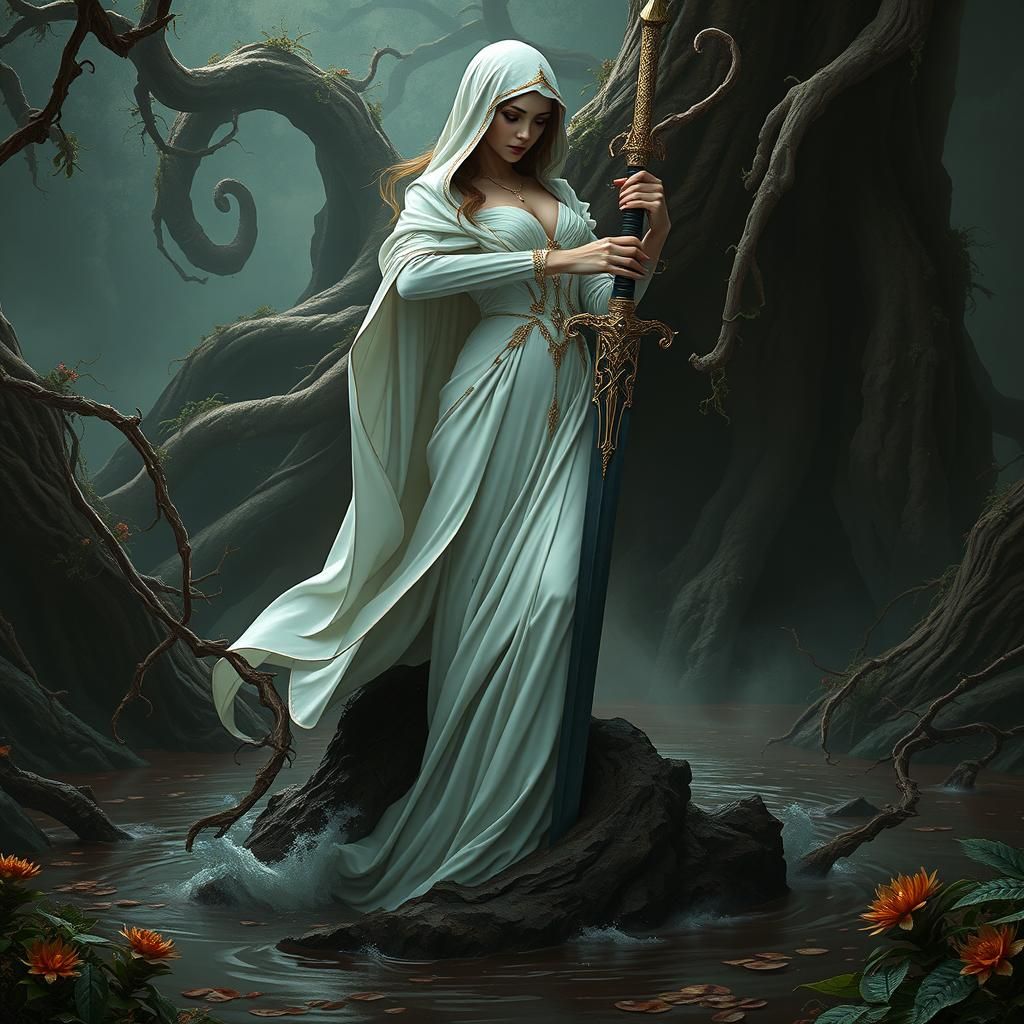 Regal Woman Emerges from Bog with Sword
