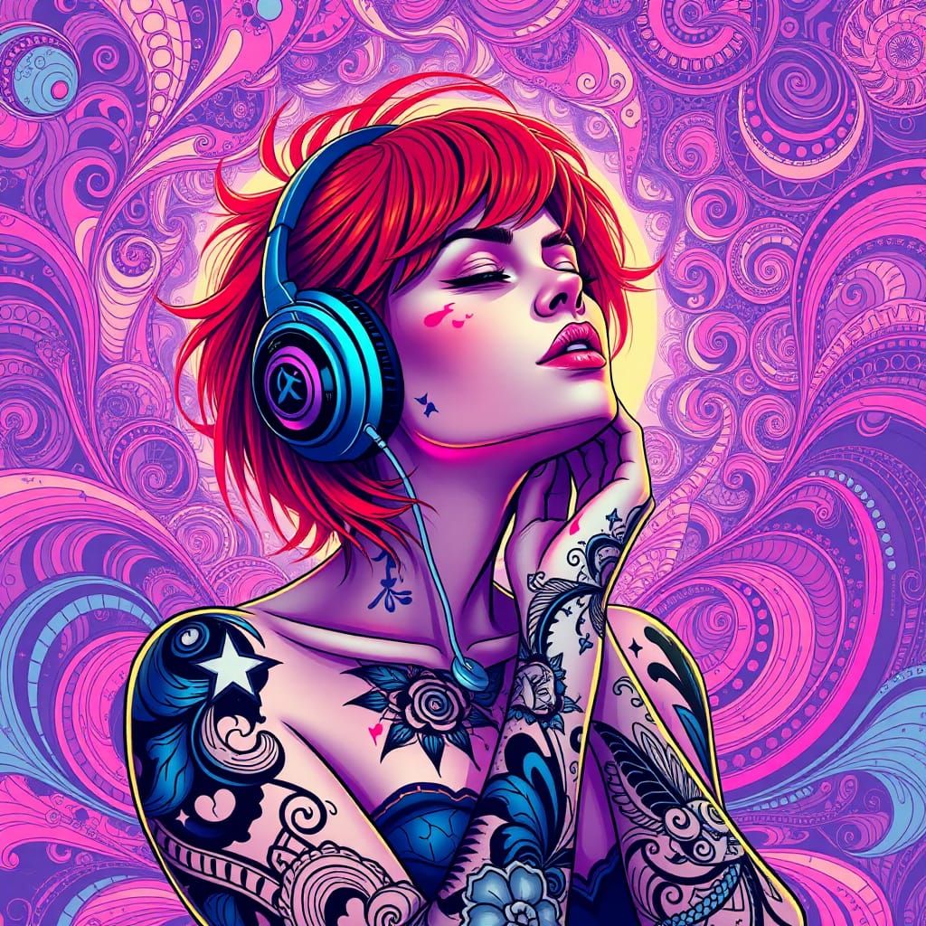 Futuristic Woman Listening to Music in Synthwave Style
