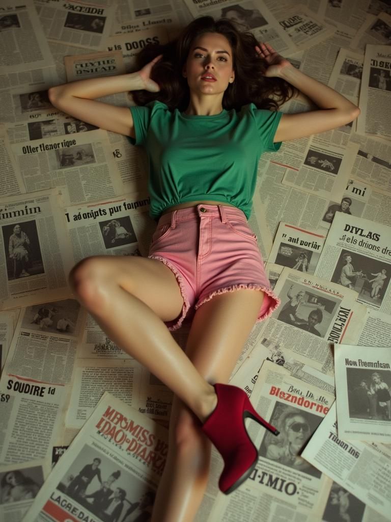 Retro Fashion Editorial: Woman on Newspapers