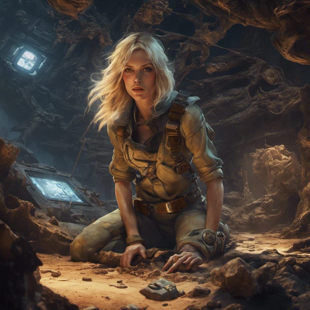 Fantasy Archeologist Escaping Machine Planet in Dark Art Sty...