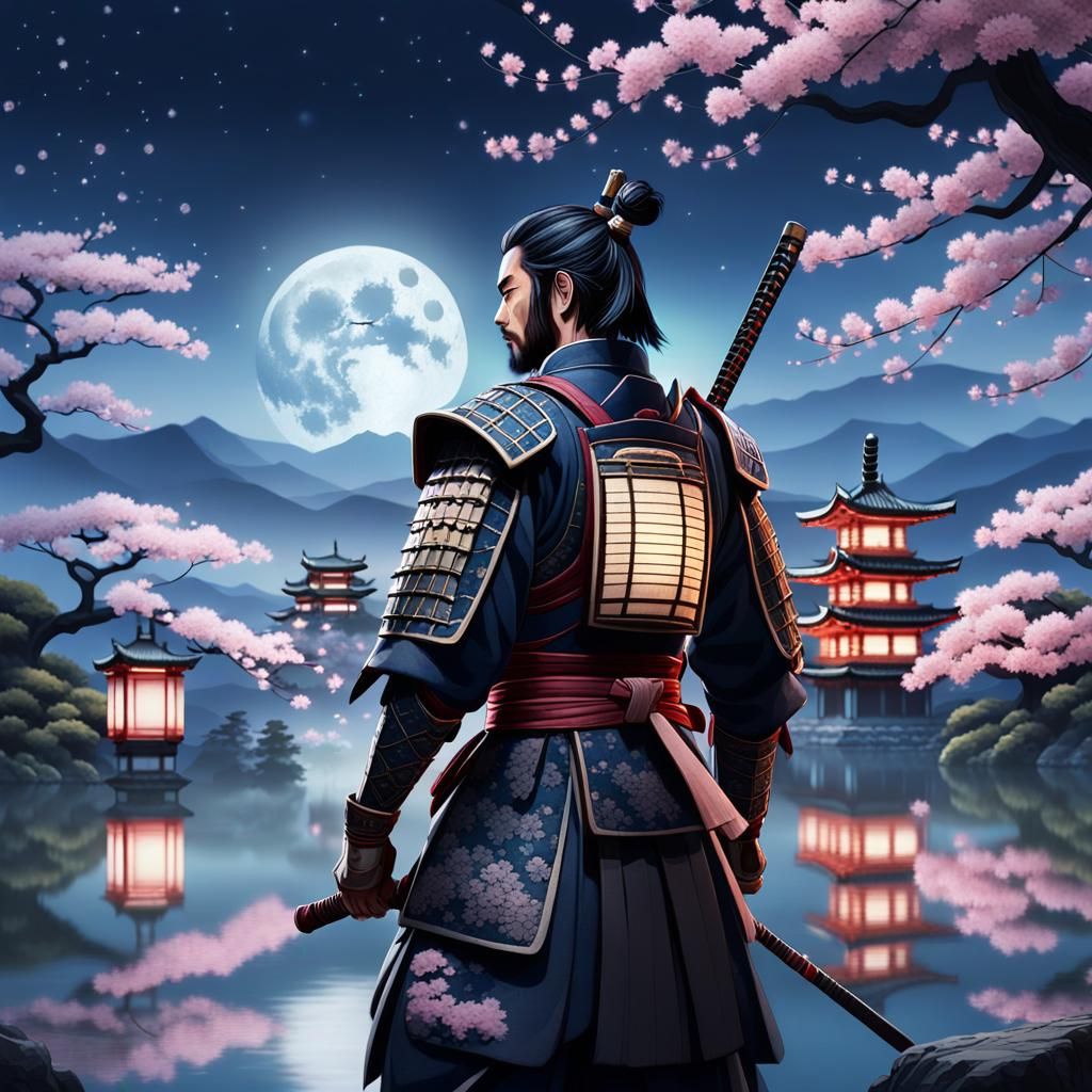 Samurai Under Sakura Trees at Night