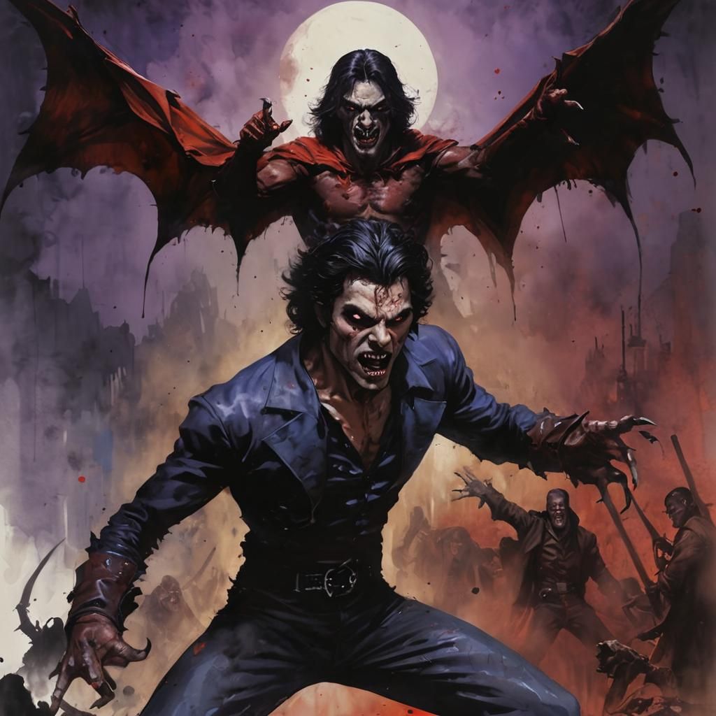 Diabolic Vampire in Fighting Attitude: Horror Watercolor