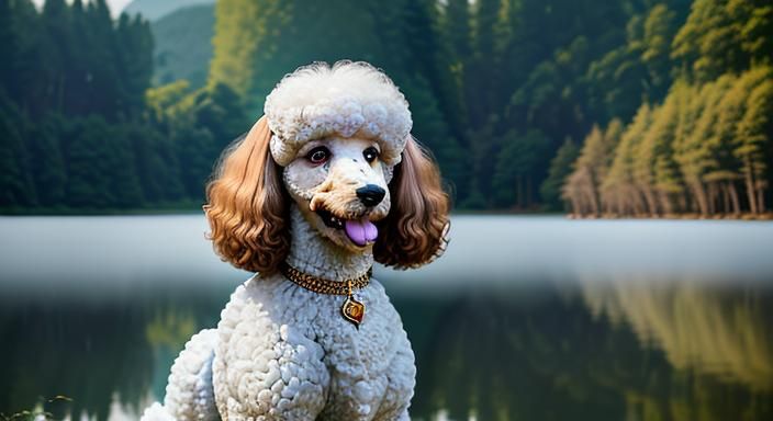 White Poodle Portrait in Forest Lake at Golden Hour