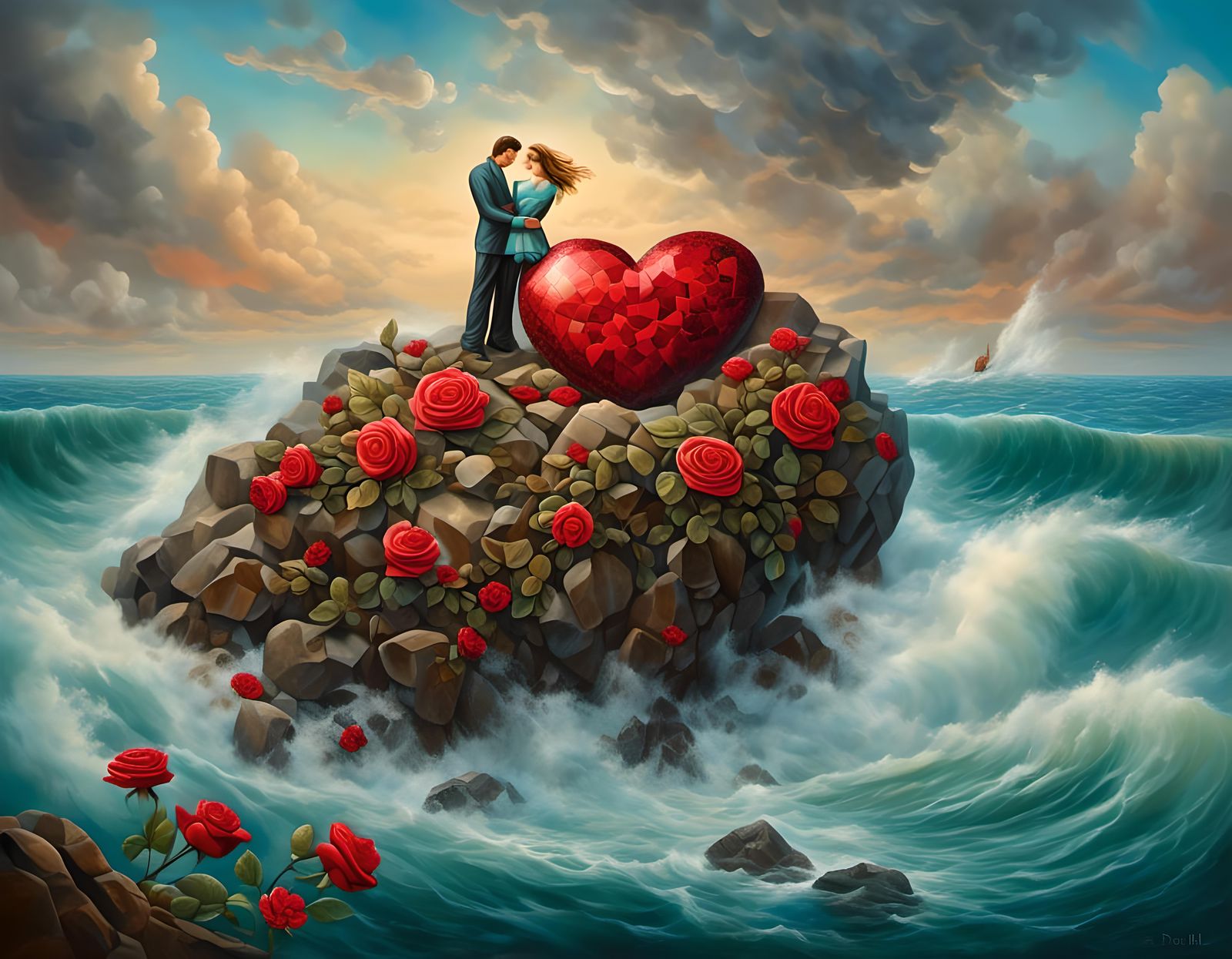 Mosaic Rock Couple's Surreal Embrace in Oil Painting