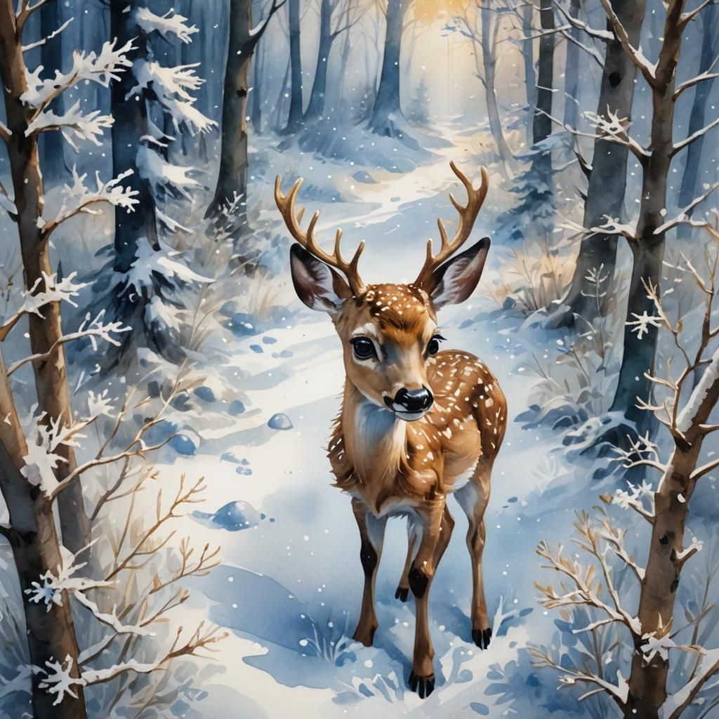 Baby Deer in Winter Wonderland, Watercolor Concept Art