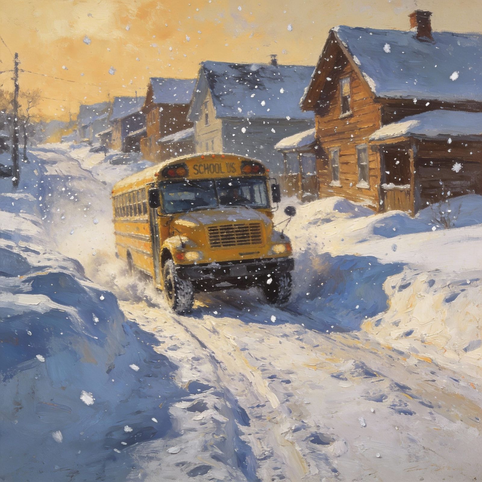 Canadian School Bus Navigates Snowy Hillside