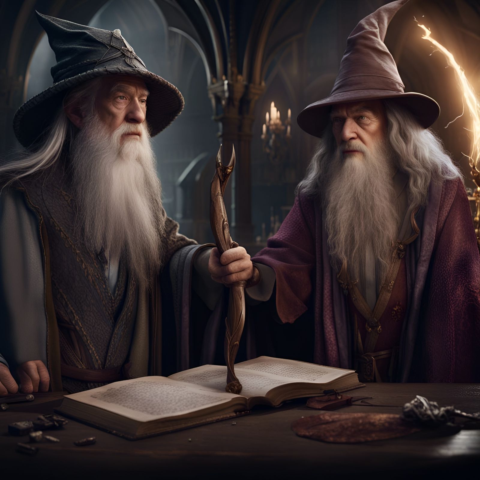 Epic Battle: Dumbledore vs Gandalf, Detailed Digital Art