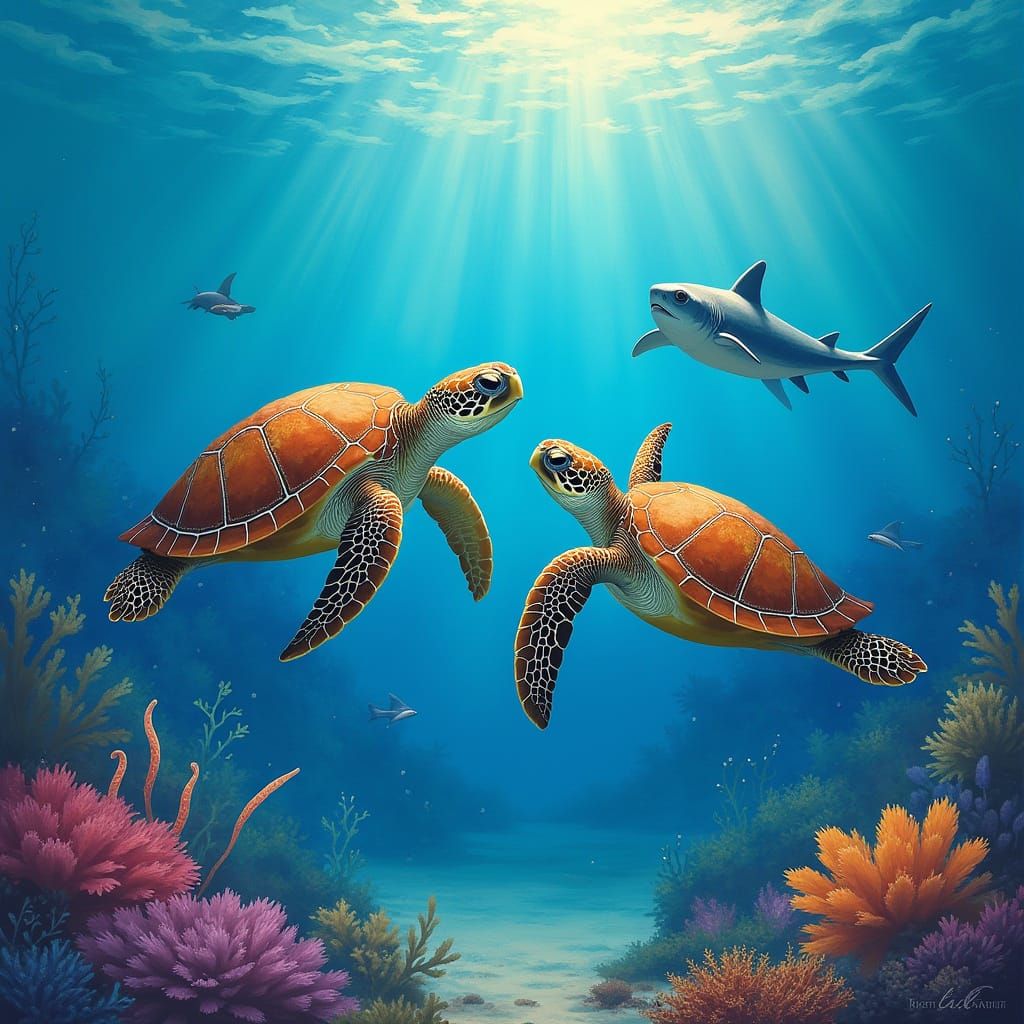 Turtles and Baby Shark in Whimsical Ocean Scene