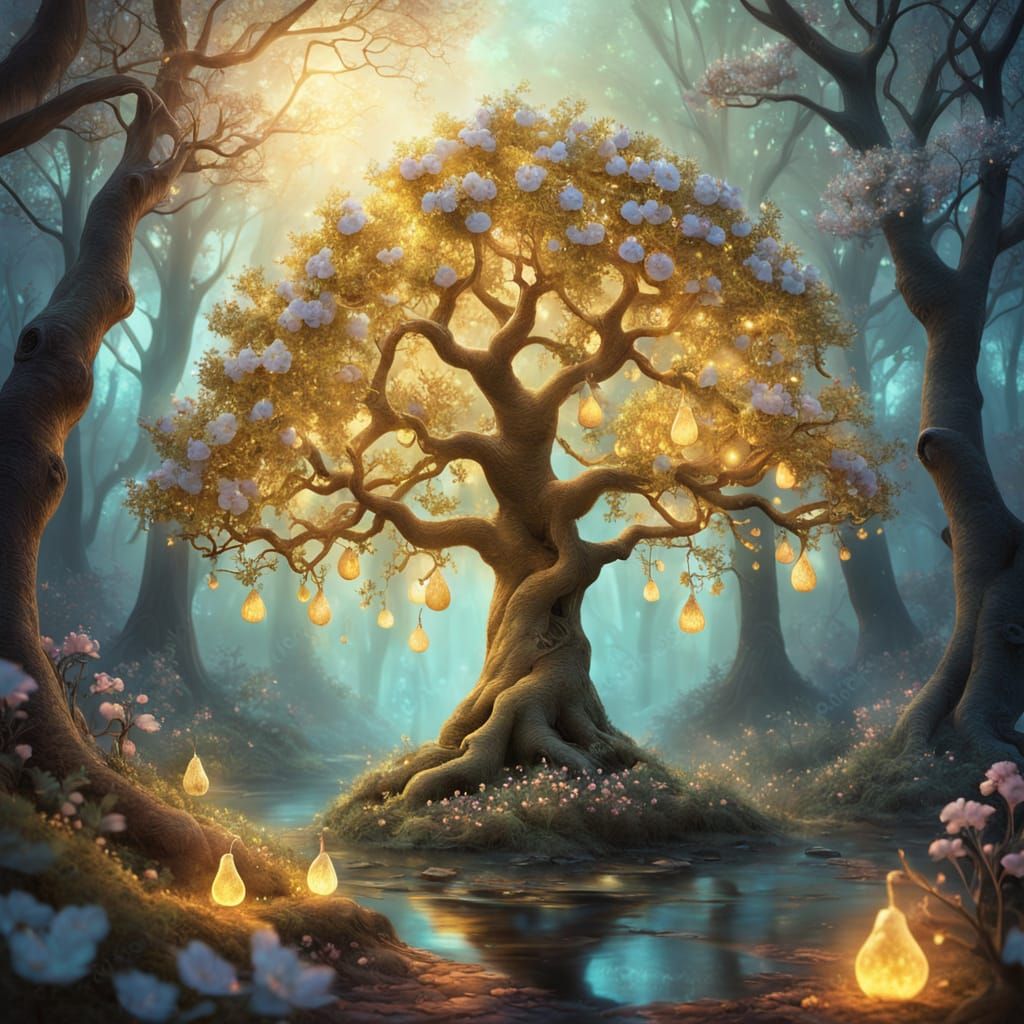 Whimsical Golden Pear Tree in a Mystical Forest