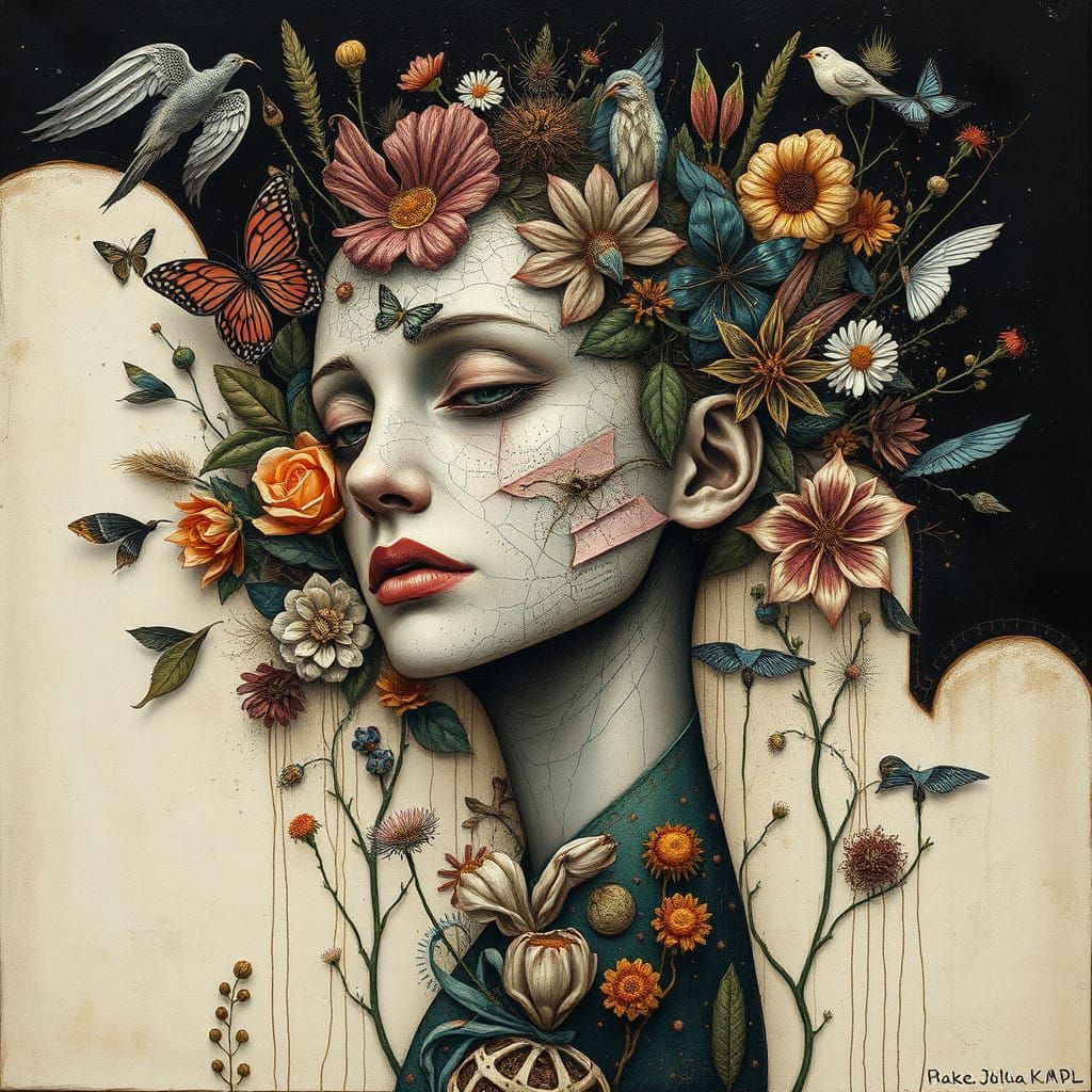 Surreal Figure in Pain, Amidst Nature's Embrace, in Mixed Me...