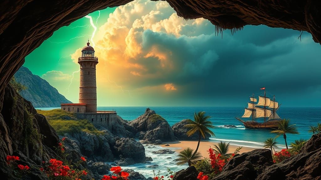 Majestic Lighthouse in Turbulent Stormy Weather