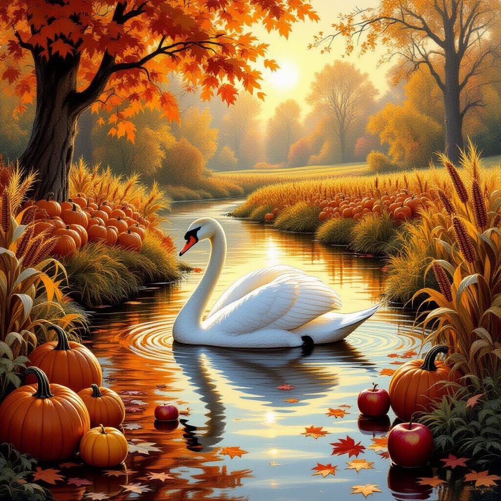 Majestic Swan in Autumn Harvest Landscape
