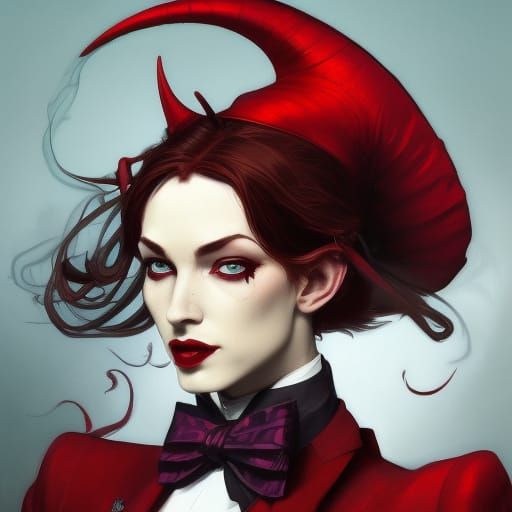 Red Tiefling Demon Woman in Tuxedo Portrait