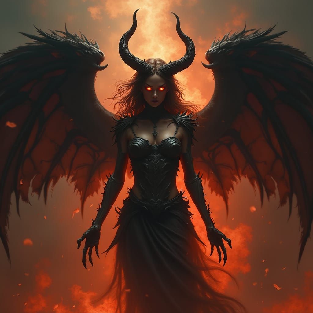 Fallen Angel Becomes Demonic Goddess in Dark Fantasy Art