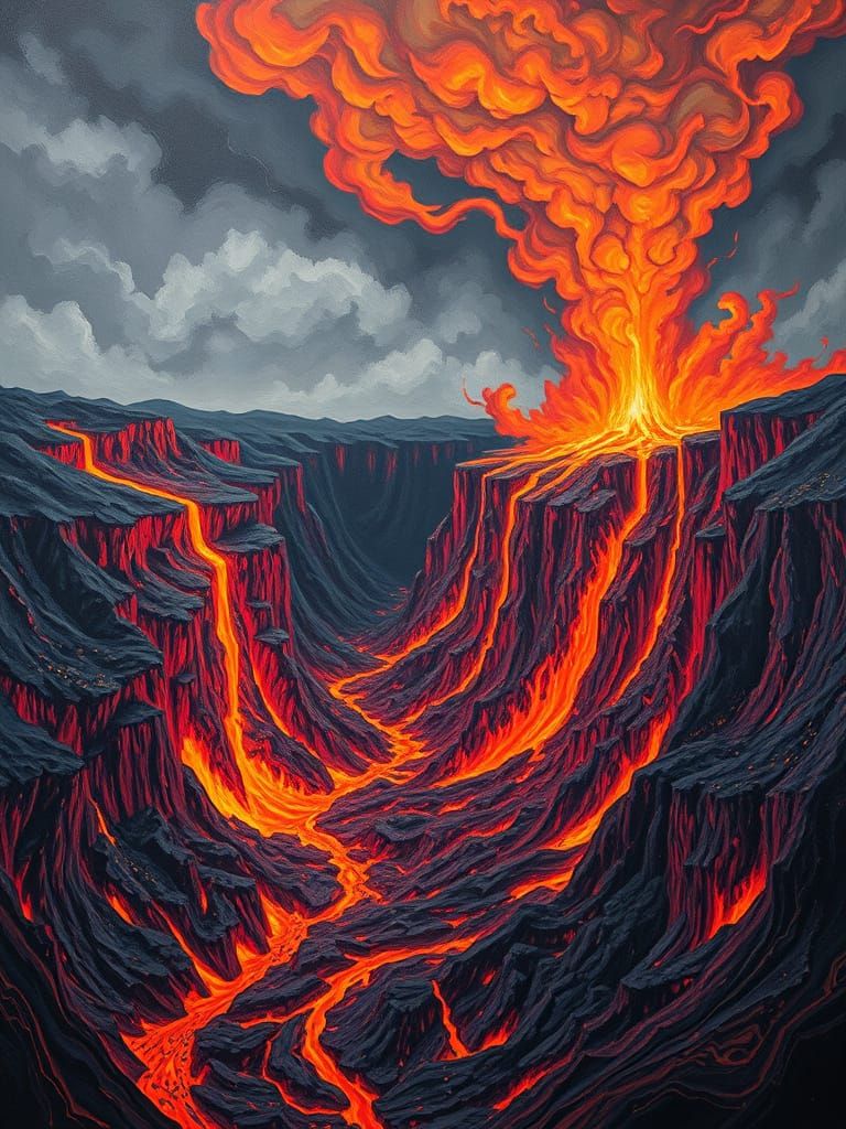 Molten Acrylic Volcano Landscape with Fire Rivers