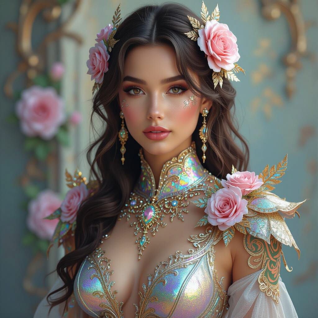 Iridescent Foil Woman with Gold Tattoos in 3D