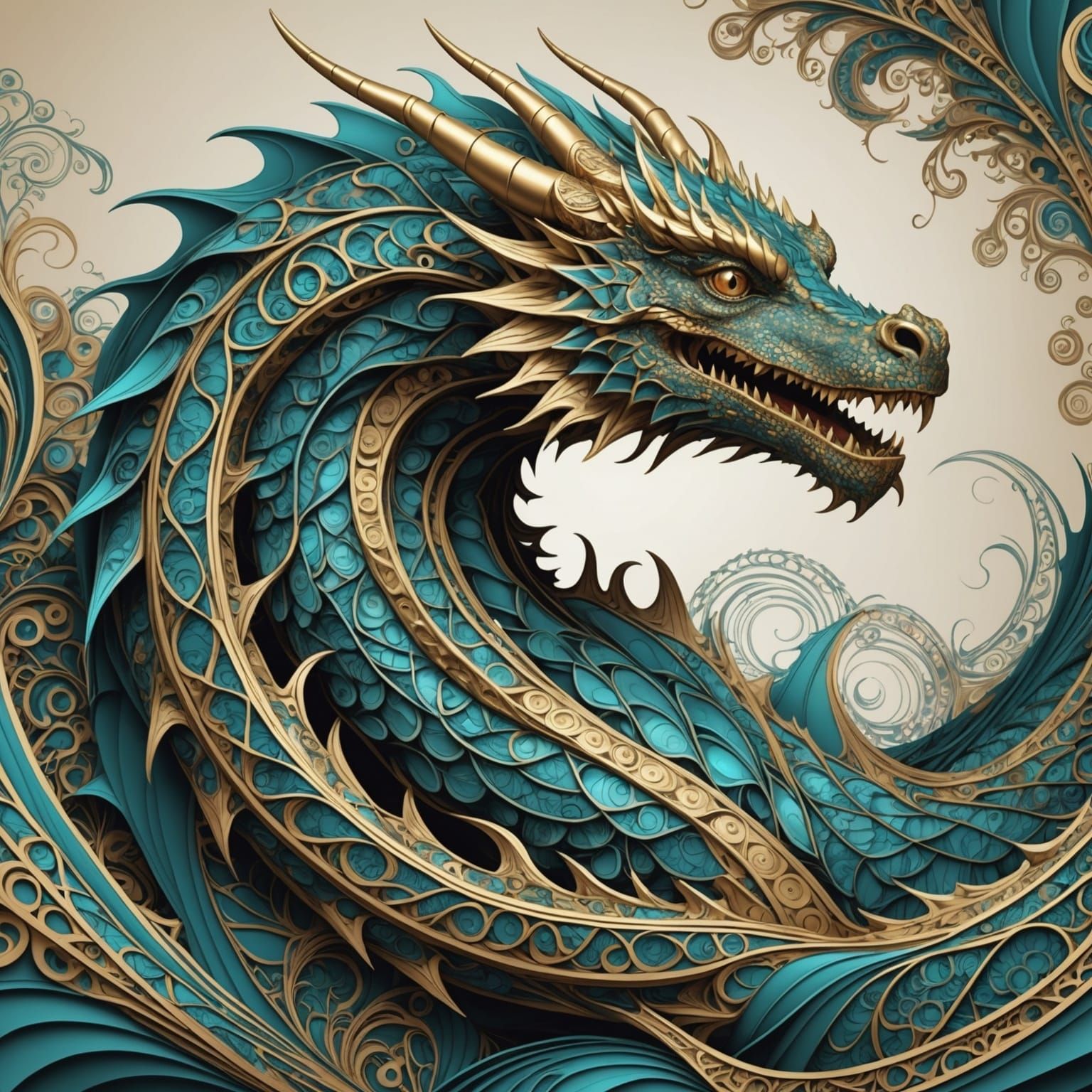 Golden Dragon with Abstract Vector Fractal Design