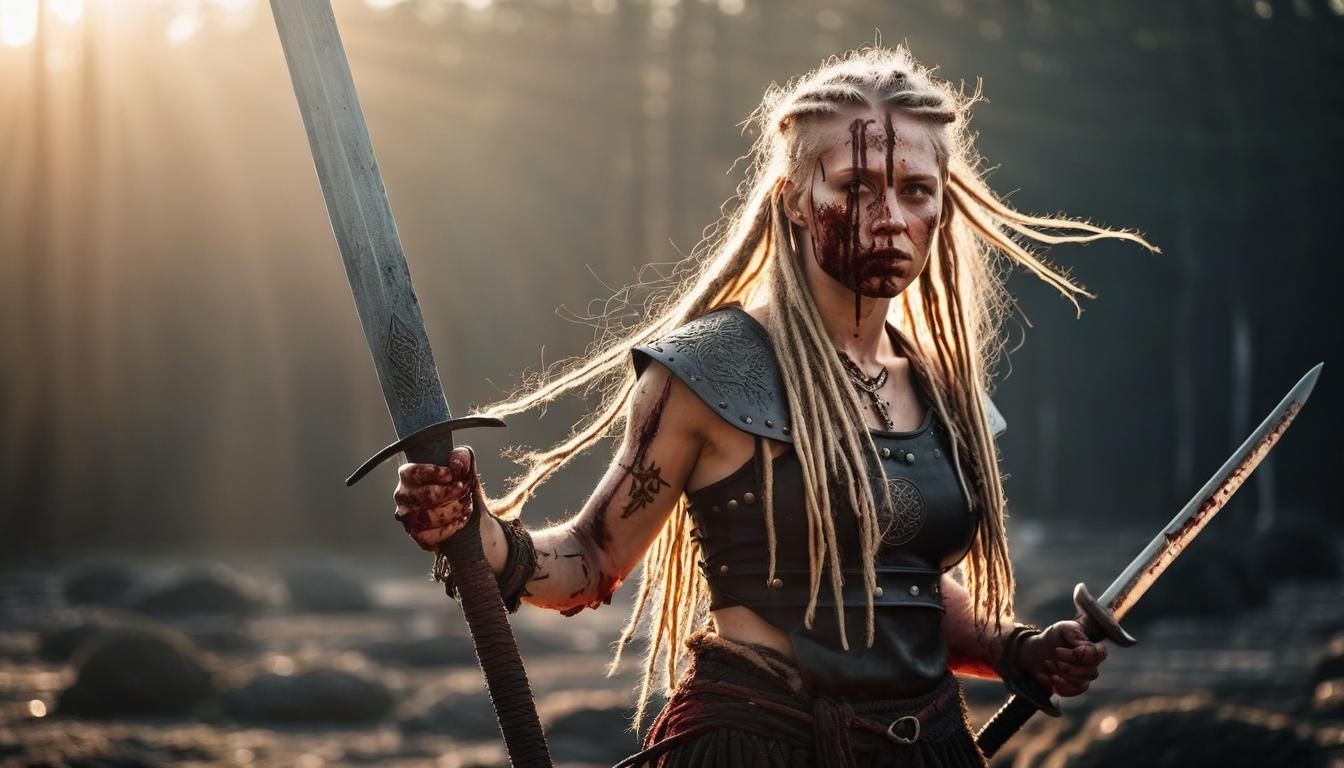 Viking Warrior Woman with Sword in Sunlight
