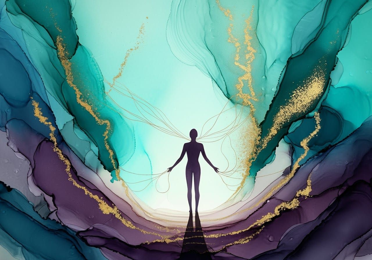 Dreamlike Portal with Translucent Figure, Surreal Art