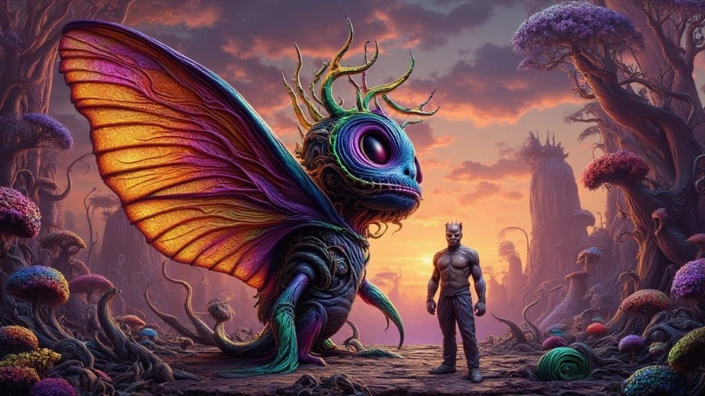 Man Dressed as Moth Under Rainbow Lightning