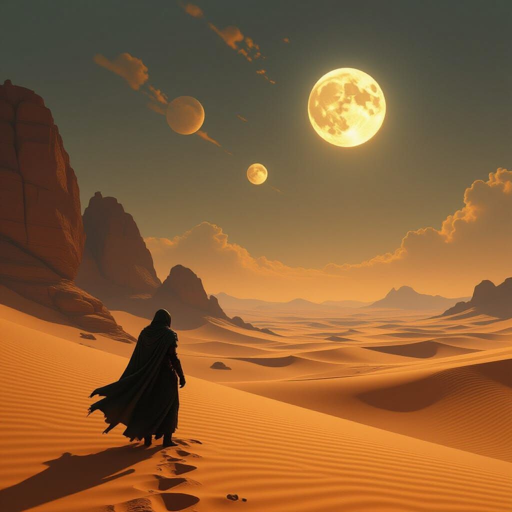 Fremen Warrior on Desert Planet with Two Moons