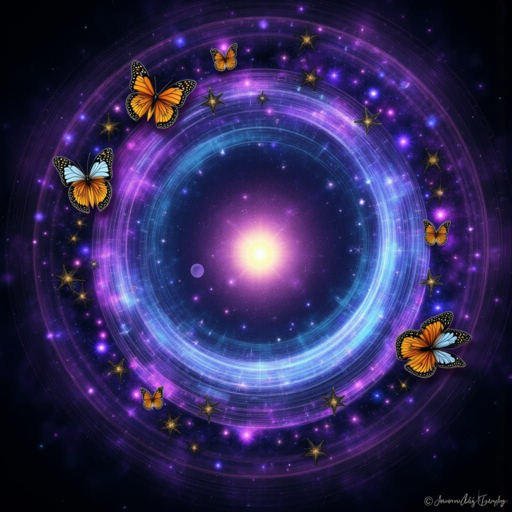 Cosmic Vortex with Bioluminescent Butterflies in Kaleidoscop...