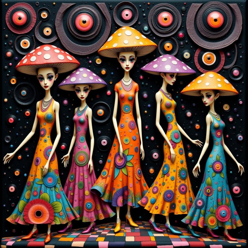Fashionista Fungi Dance in a Surreal Landscape