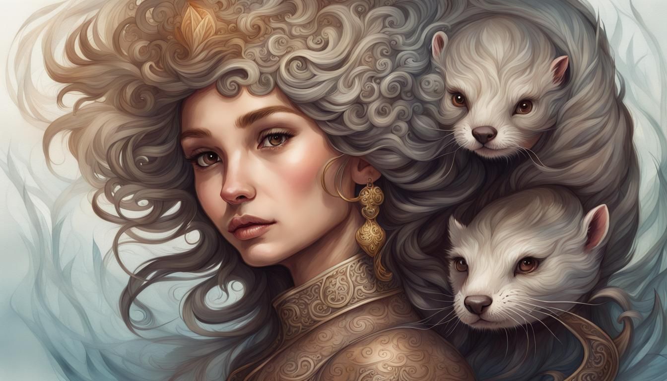 Fantasy Otter Girl Portrait in Watercolor Style