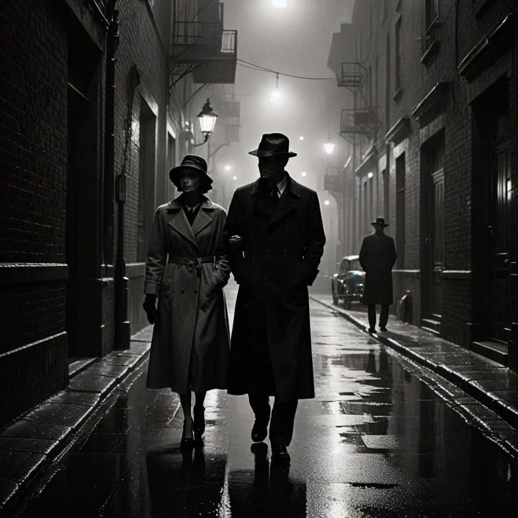 Film Noir: Man and Woman in Foggy Alley