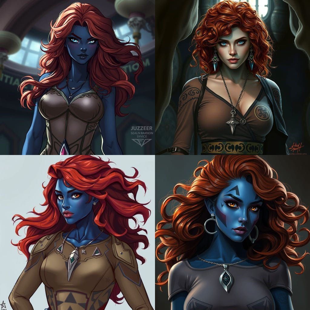 Alien Goddess with Sapphire Skin and Auburn Curls