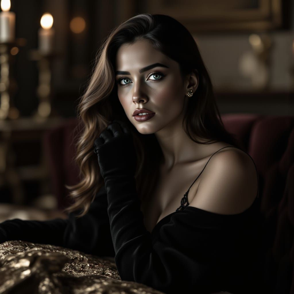 Elegant Woman Awaits Companion in Dramatic Black and White P...