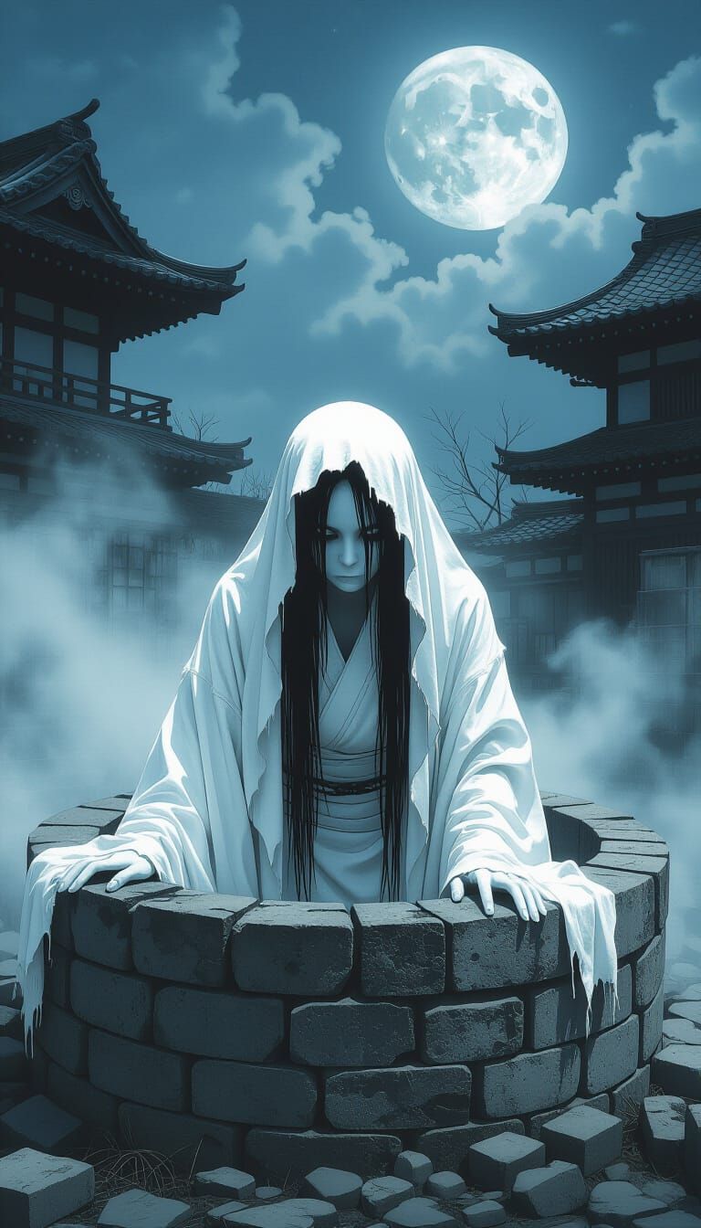 Ghost Woman Emerges from Well in Japanese Horror Style