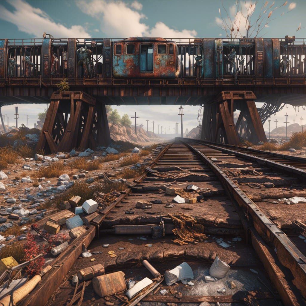 Intricate Train Wreck on Bridge, Hyperdetailed Photograph