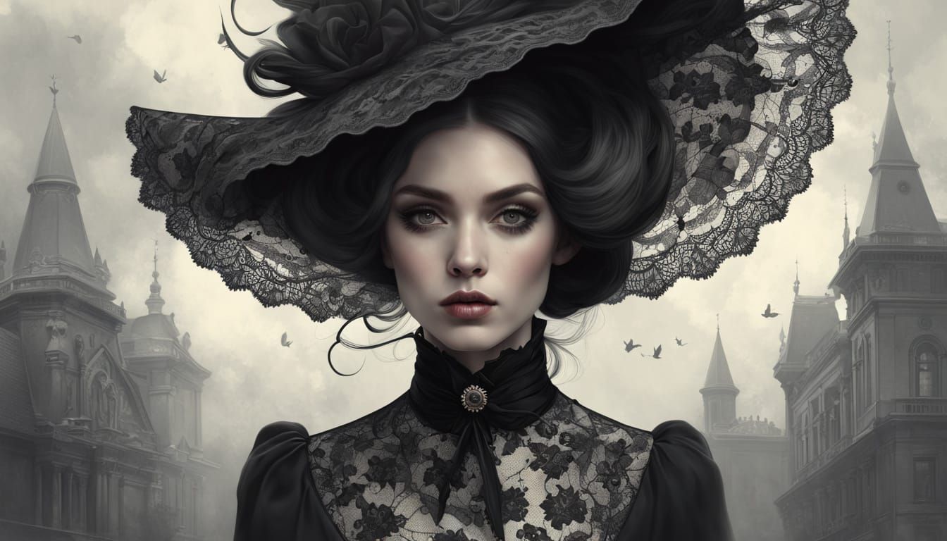 Victorian Woman in Black Lace: Gothic Digital Art
