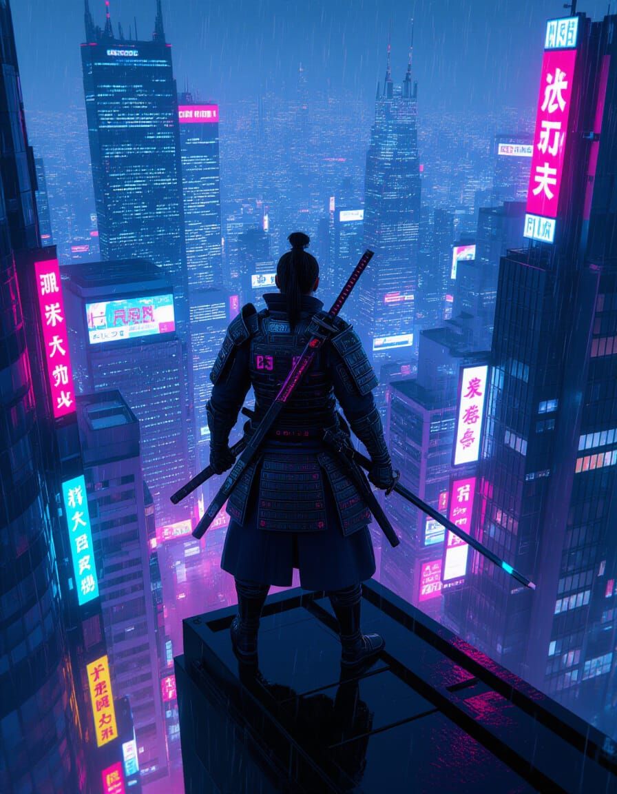 Cyberpunk Samurai Overlooking Futuristic City
