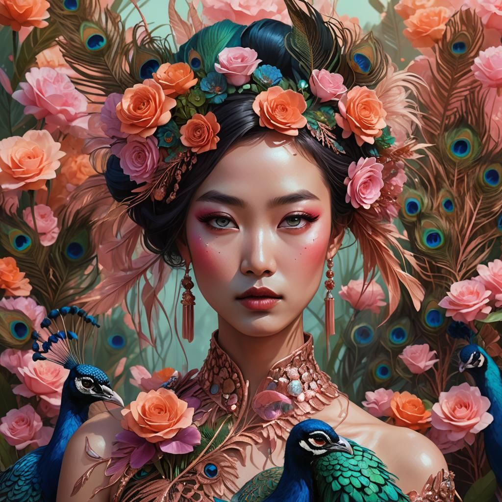 Rose Gold Asian Woman with Peacock Feathers