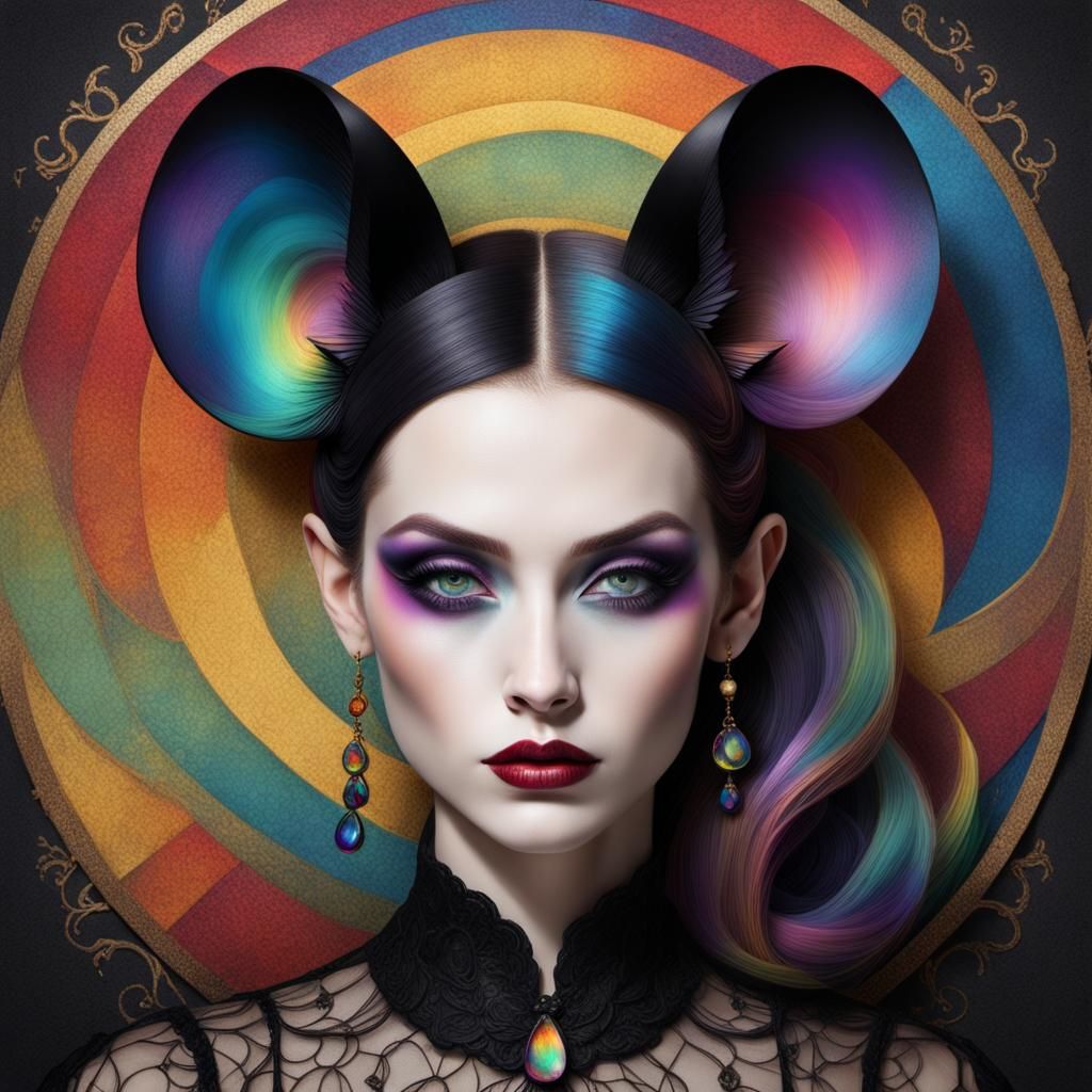 Gothic Mouse-Woman Portrait with Rainbow Accents