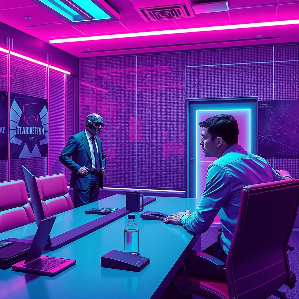 Angry Junior Leaves Neon Meeting Room in Synthwave Style