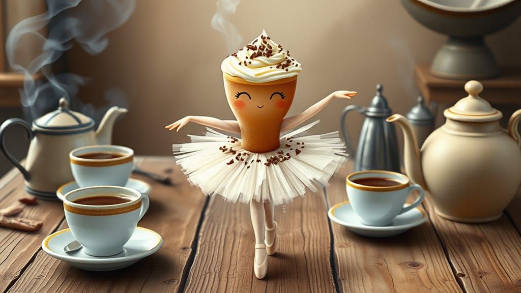 Whimsical Cappuccino Ballerina in Miyazaki-Inspired Watercol...